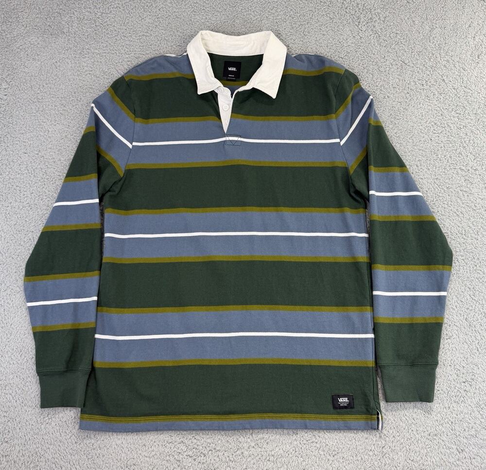 Vans Rugby Polo Shirt Mens Medium Green Stripe Long Sleeve Rugby Cotton Skater
